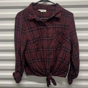 Love Tree Womens Plaid Shirt Large Cotton Burgundy Black Tie Front Flannel Style
